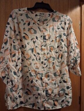 Rachel Zoe 100% Linen Blouse Floral Button Down 1X, 31 Long, 24 Armpit -armpit